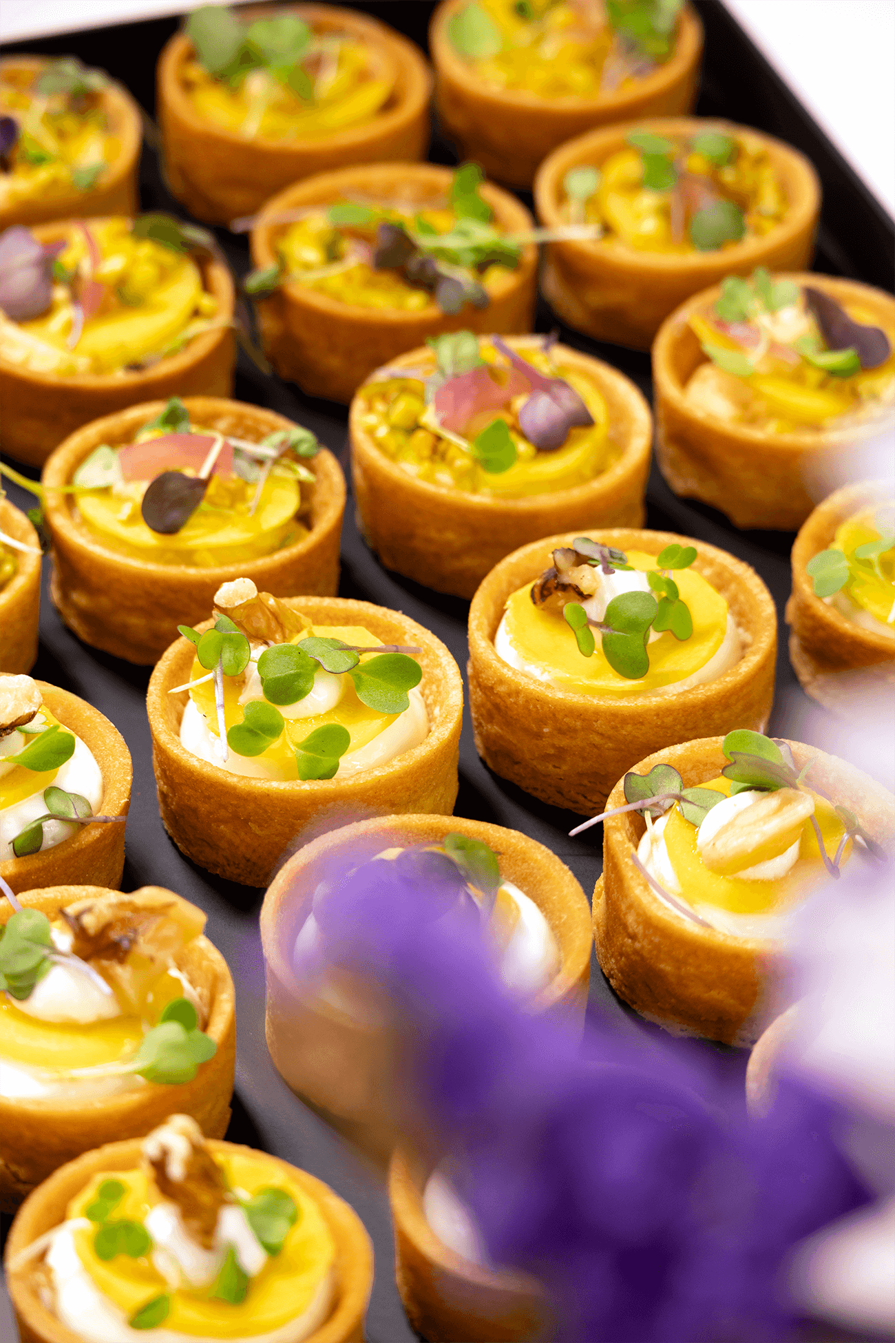 24 Bouchées Mini Tartelettes - Micro Pousses Petit Pois Chèvre & Houmous Pistache